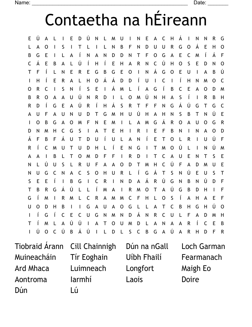 Contaetha na hÉireann Word Search