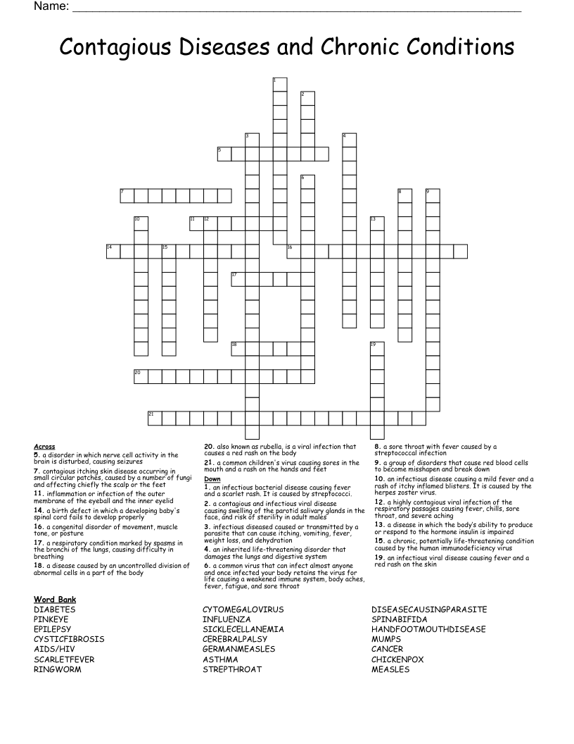 Contagious Diseases and Chronic Conditions Crossword