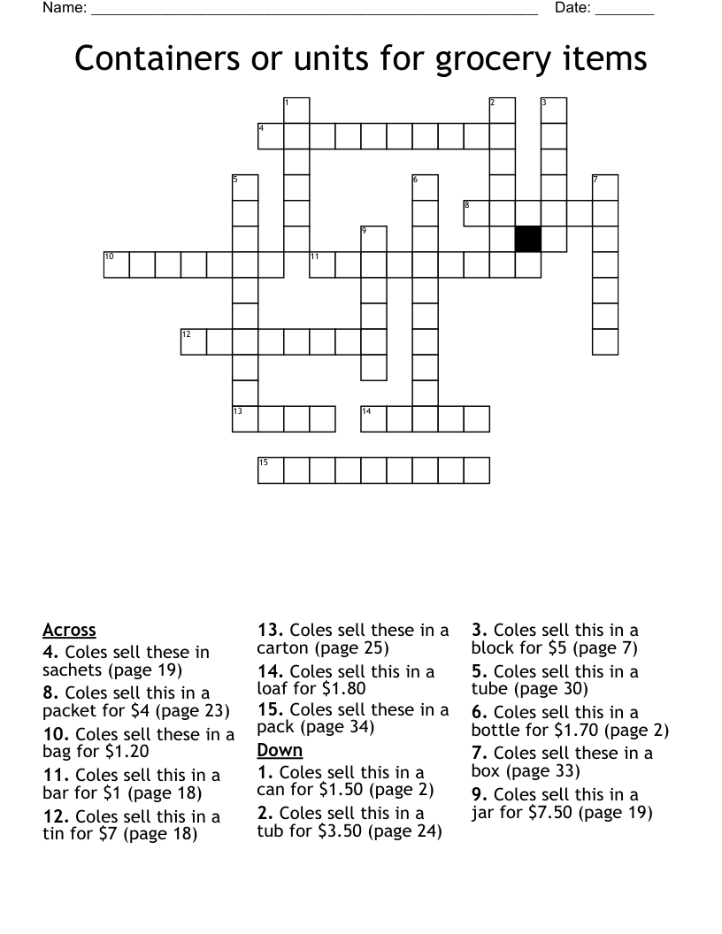Containers or units for grocery items Crossword