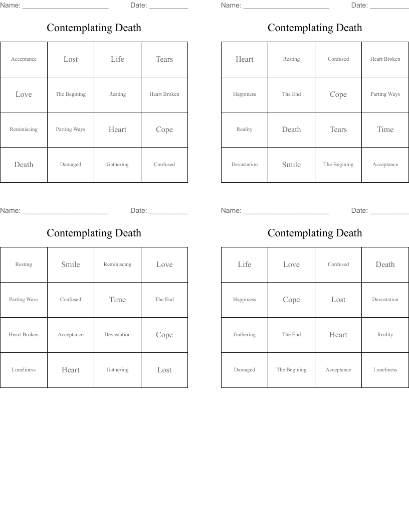 Contemplating Death Bingo Cards