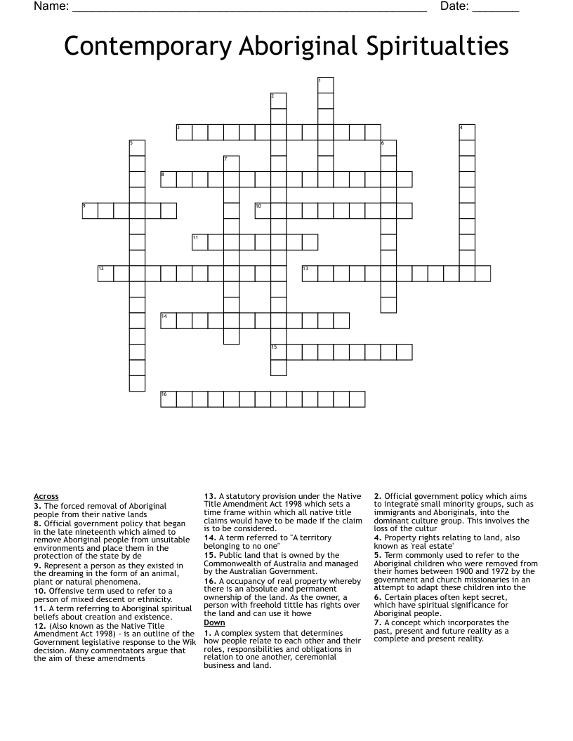 Contemporary Aboriginal Spiritualties  Crossword
