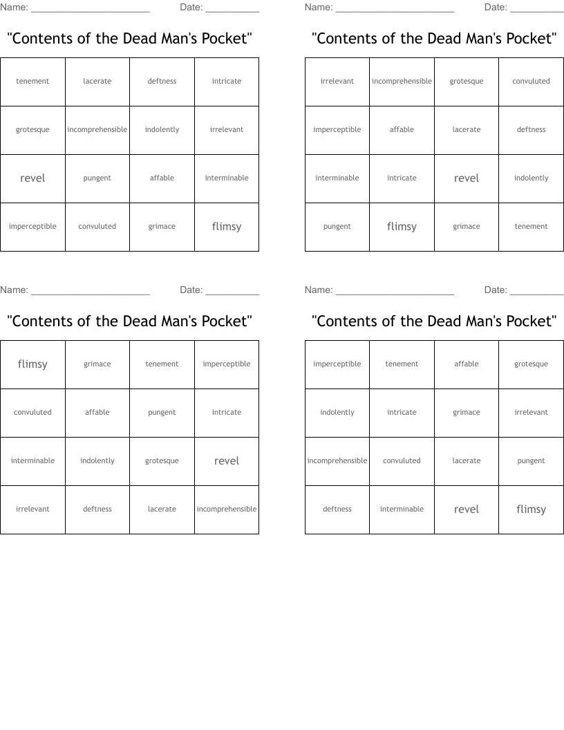 "Contents of the Dead Man's Pocket" Bingo Cards
