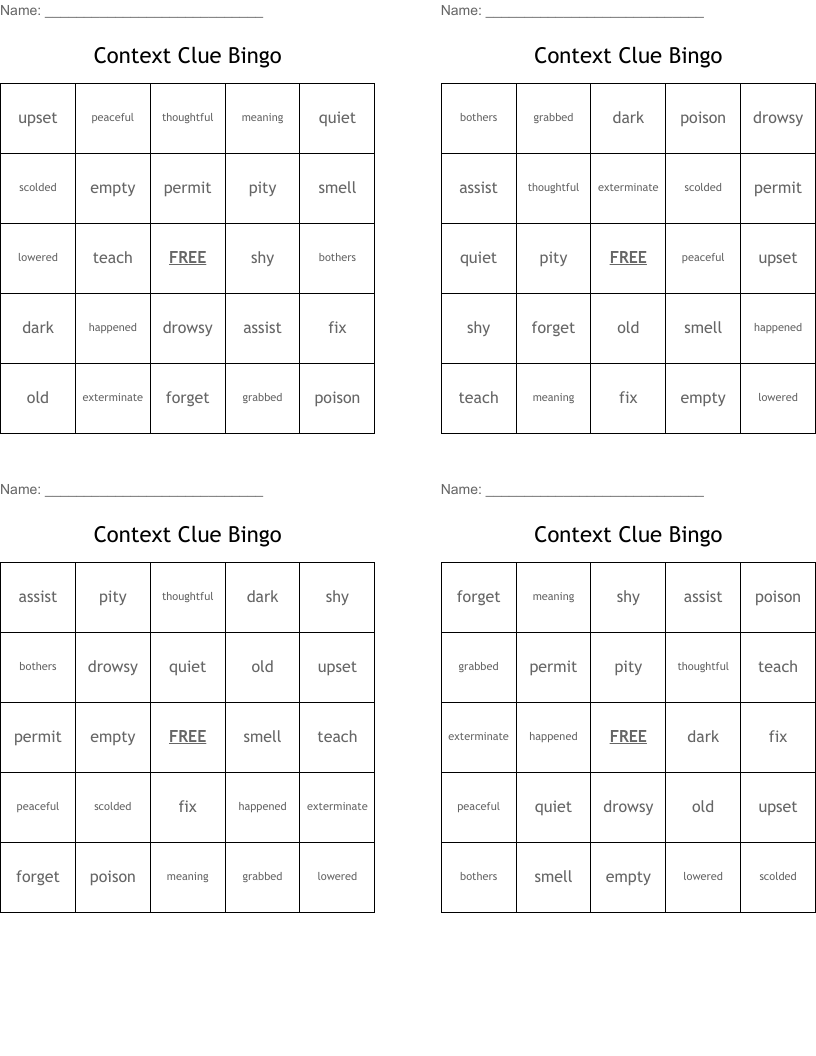 Context Clue Bingo
