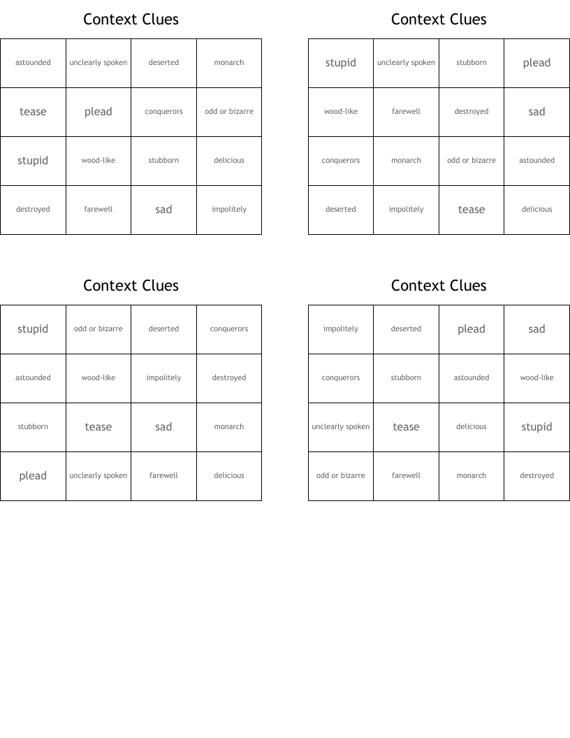 Context Clues Bingo Cards