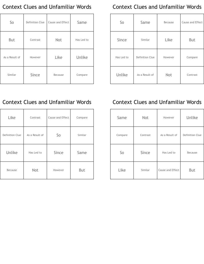 Context Clues and Unfamiliar Words Bingo Cards