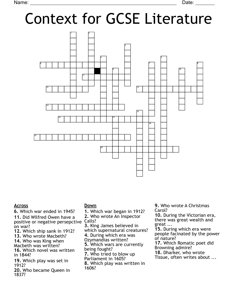 Context for GCSE Literature Crossword
