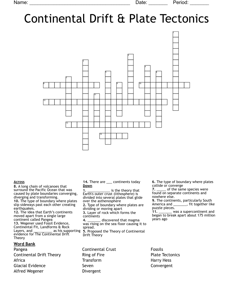 Continental Drift & Plate Tectonics Crossword