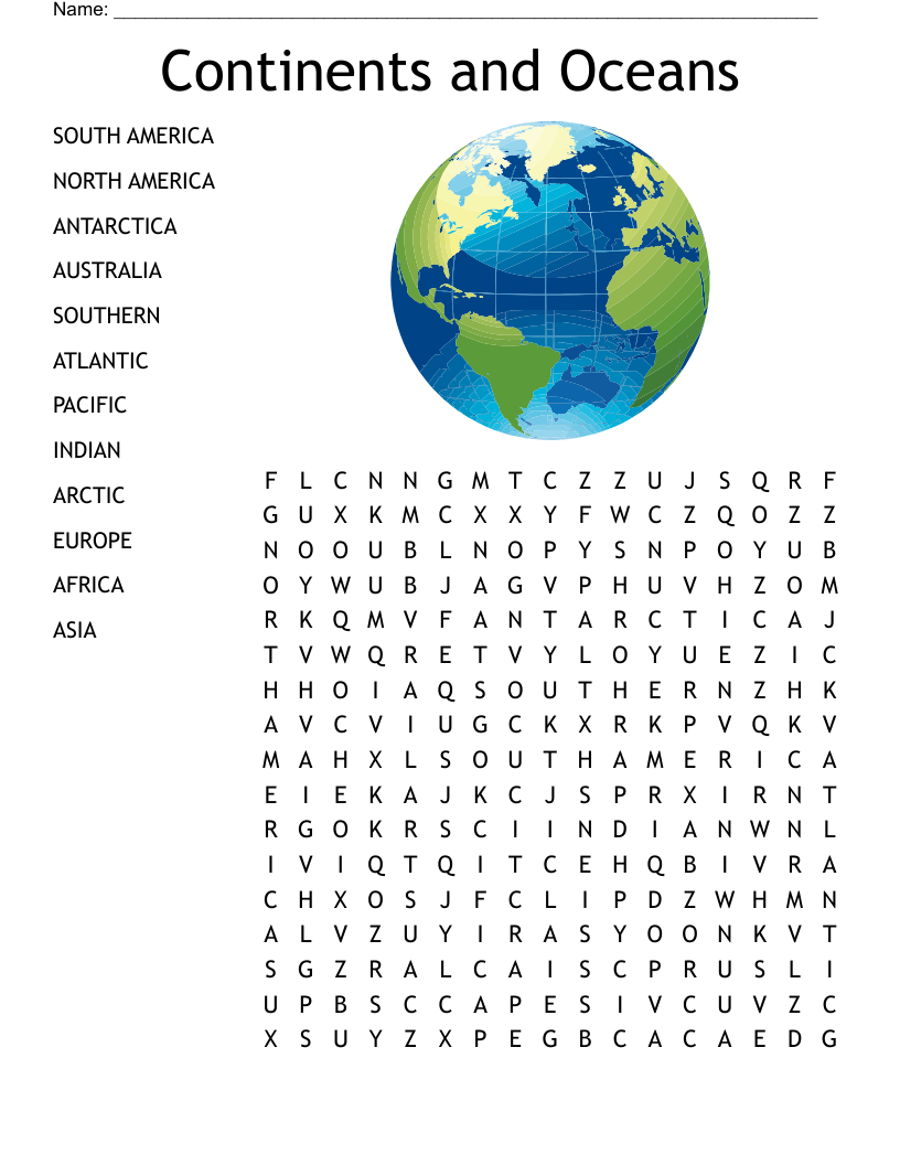 Continents and Oceans Word Search