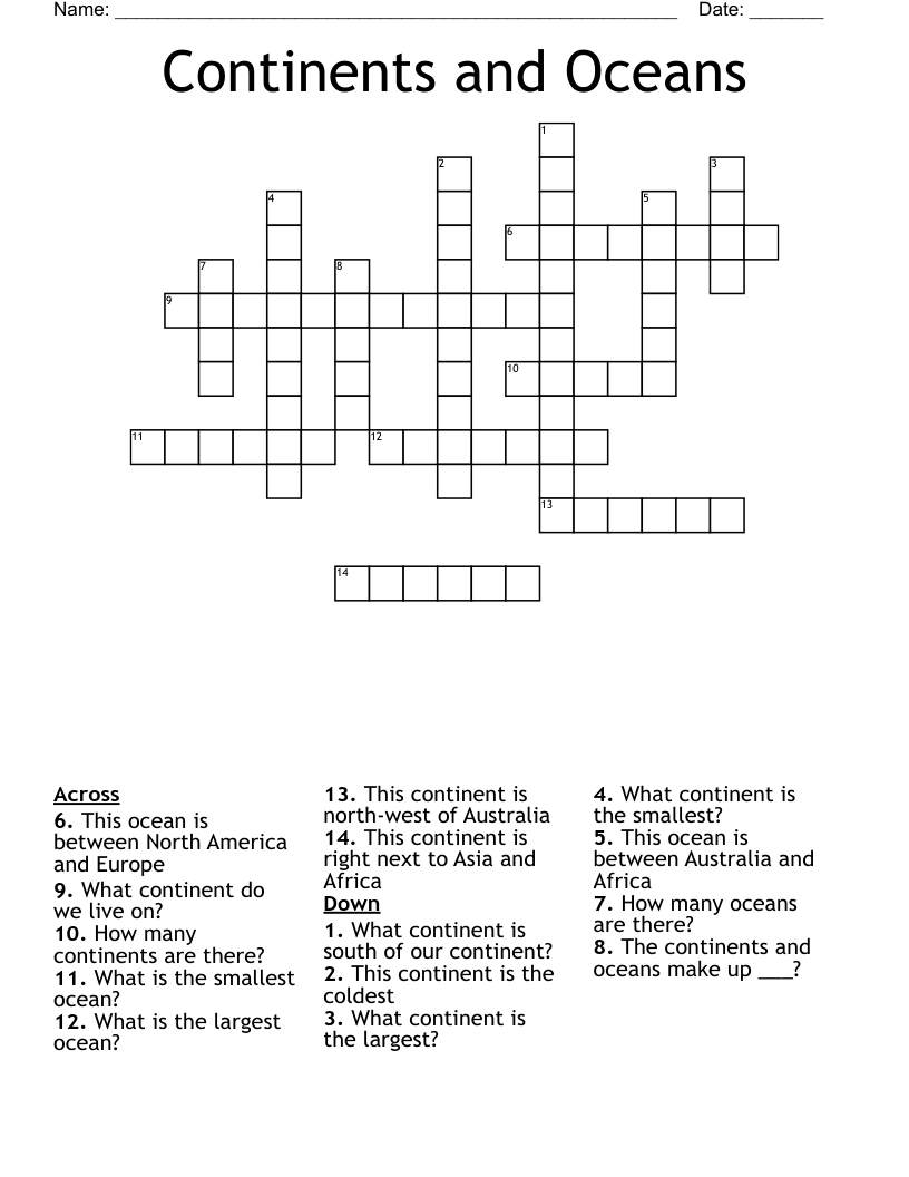 Continents and Oceans Crossword