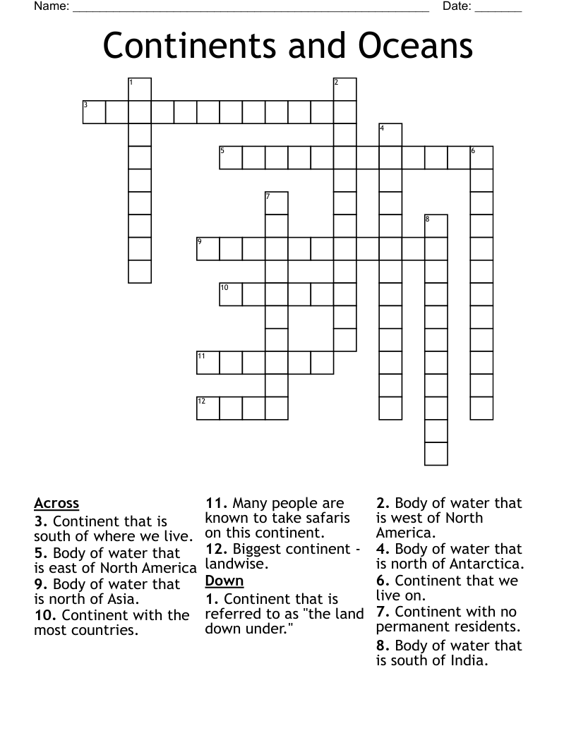 Continents and Oceans Crossword