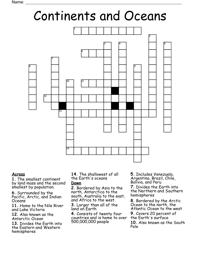 Continents and Oceans Crossword