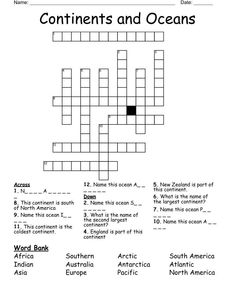 Continents and Oceans Crossword