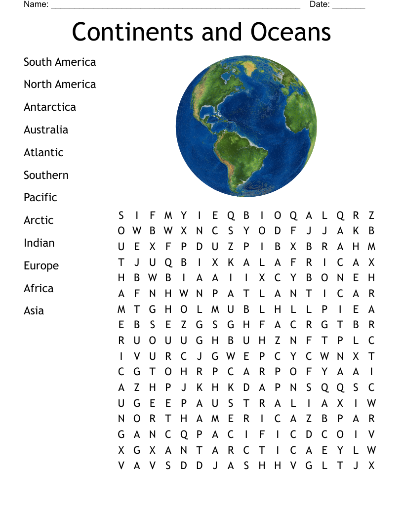Continents and Oceans Word Search