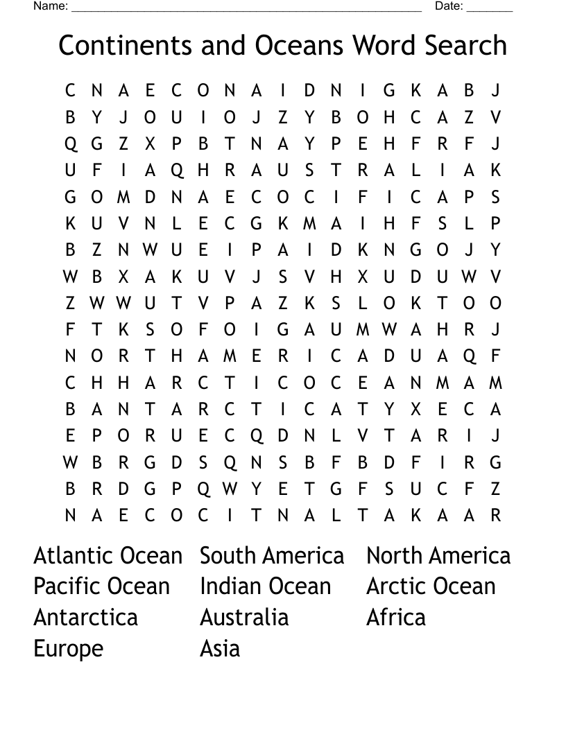 Continents and Oceans Word Search