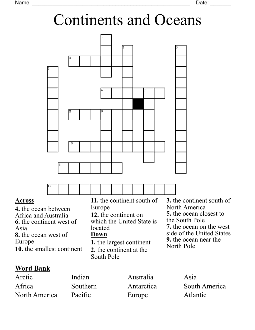Continents and Oceans  Crossword
