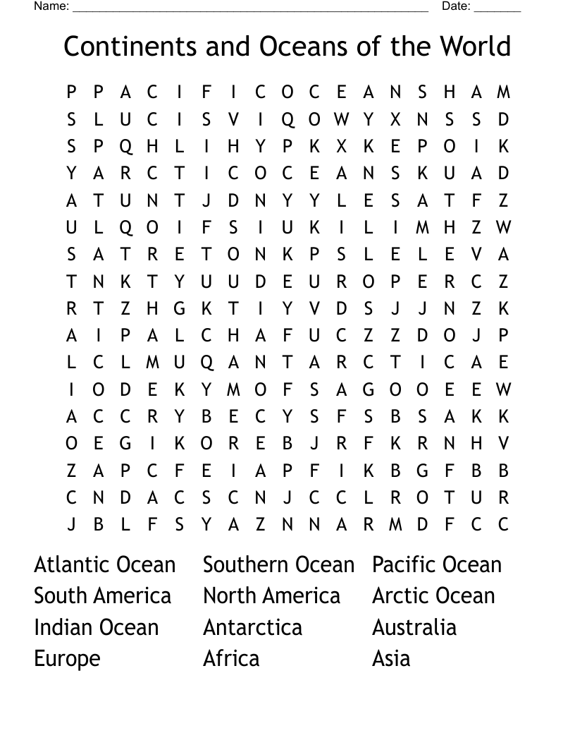 Continents and Oceans of the World  Word Search