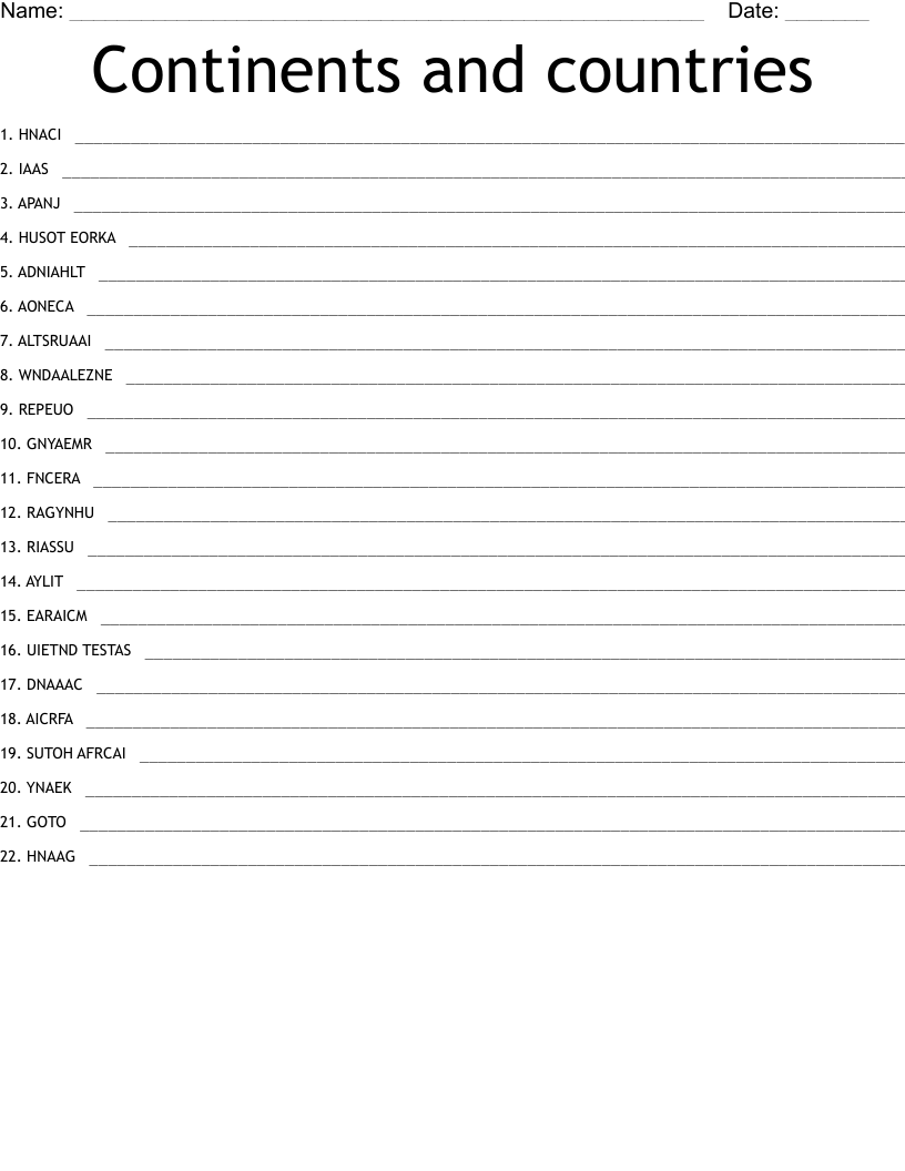 Continents and countries Word Scramble