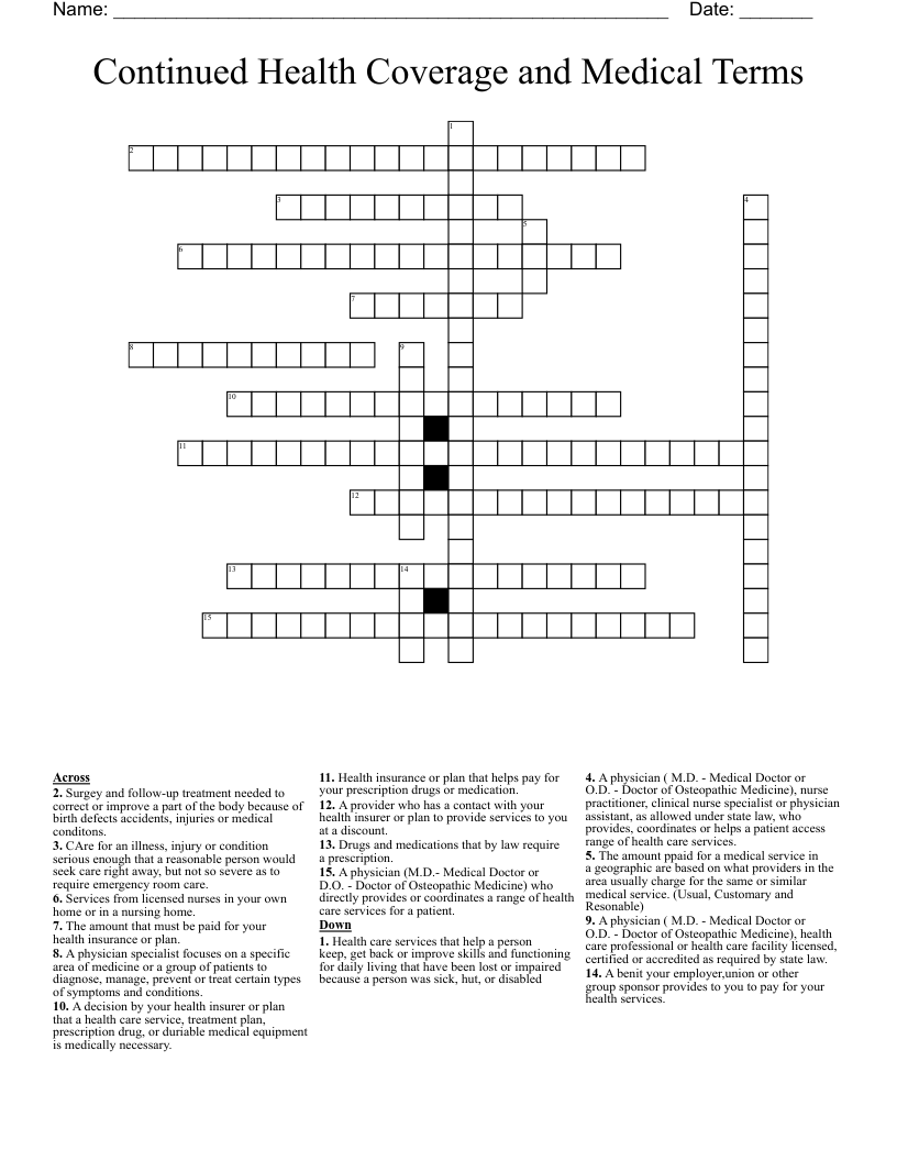 Continued Health Coverage and Medical Terms Crossword