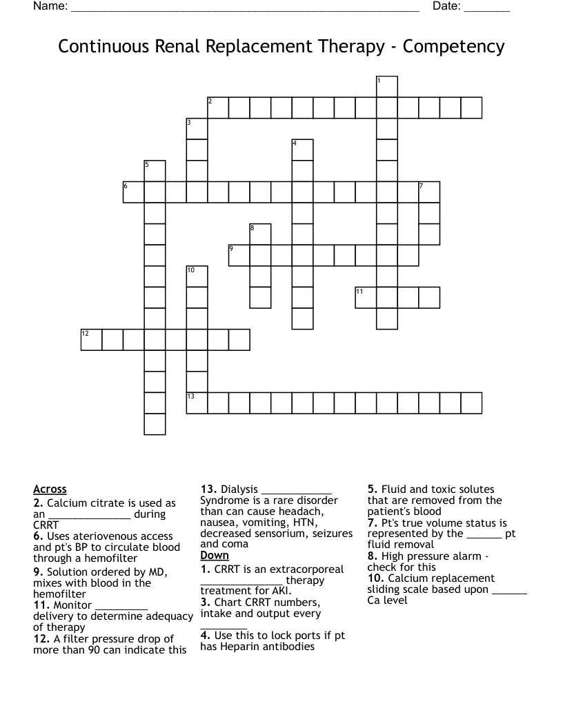 Continuous Renal Replacement Therapy - Competency Crossword