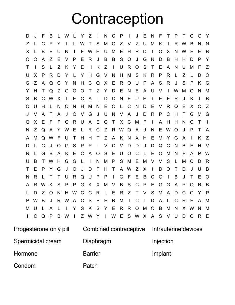 Contraception Word Search