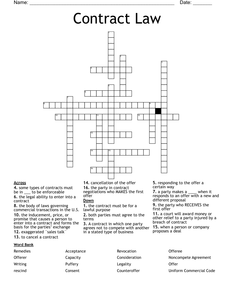 Contract Law Crossword