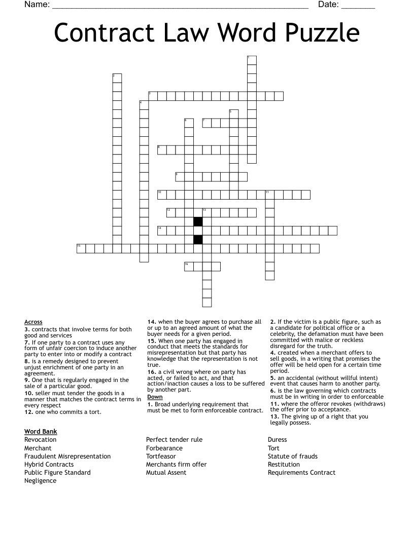 Contract Law Word Puzzle  Crossword