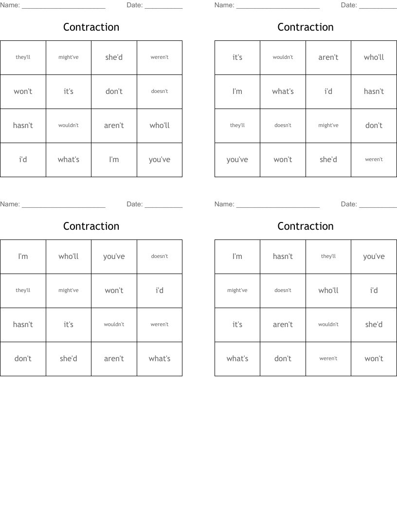 Contraction Bingo Cards