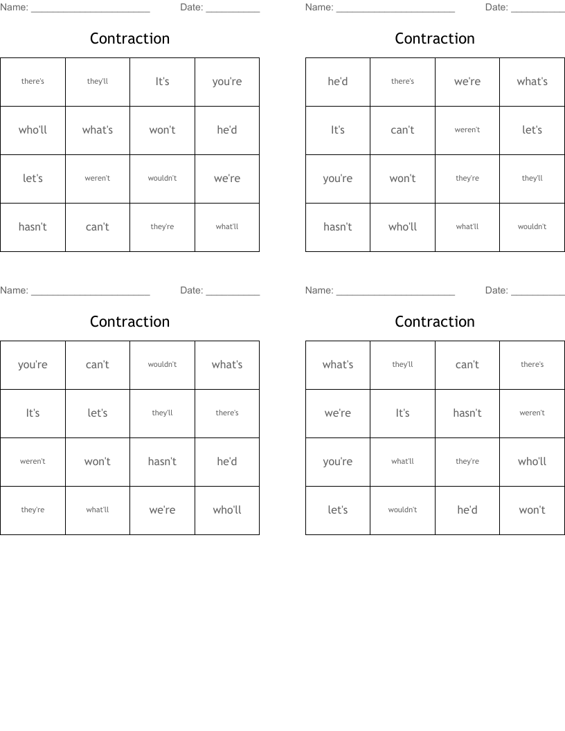 Contraction Bingo Cards