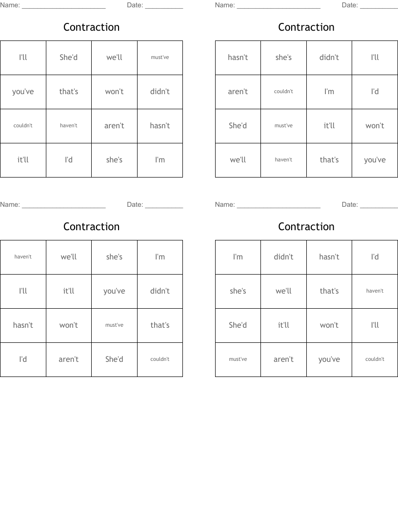 Contraction Bingo Cards