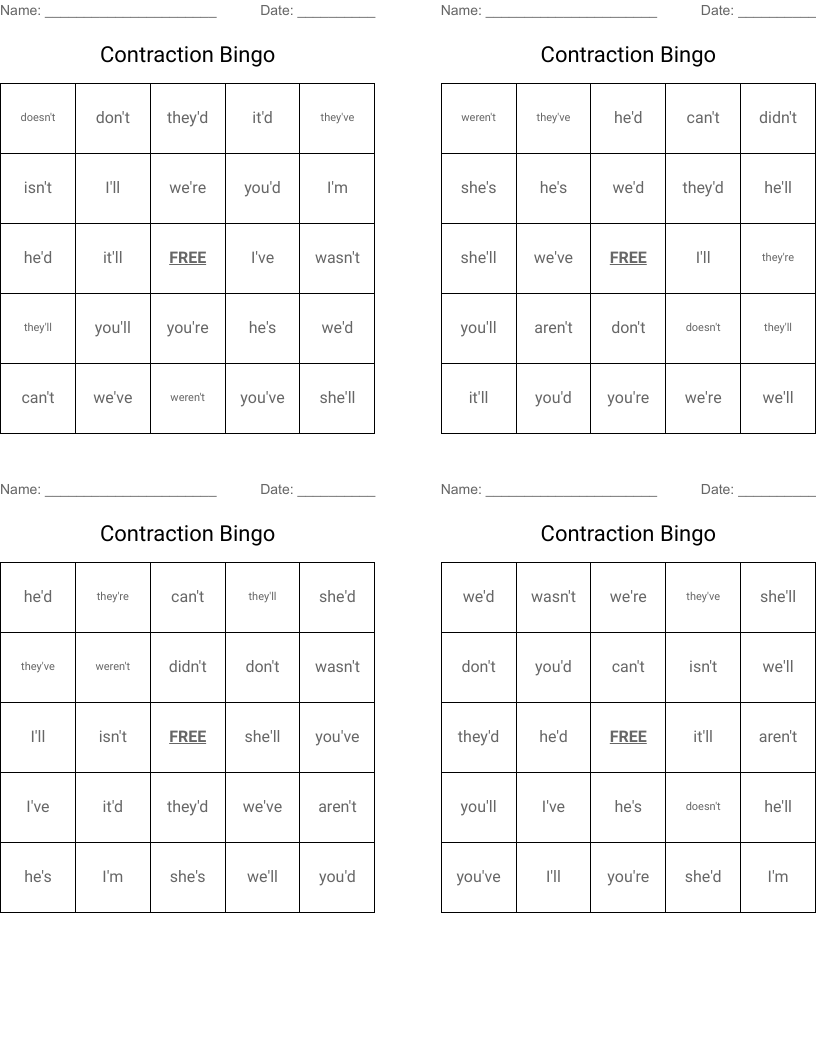 Contraction Bingo