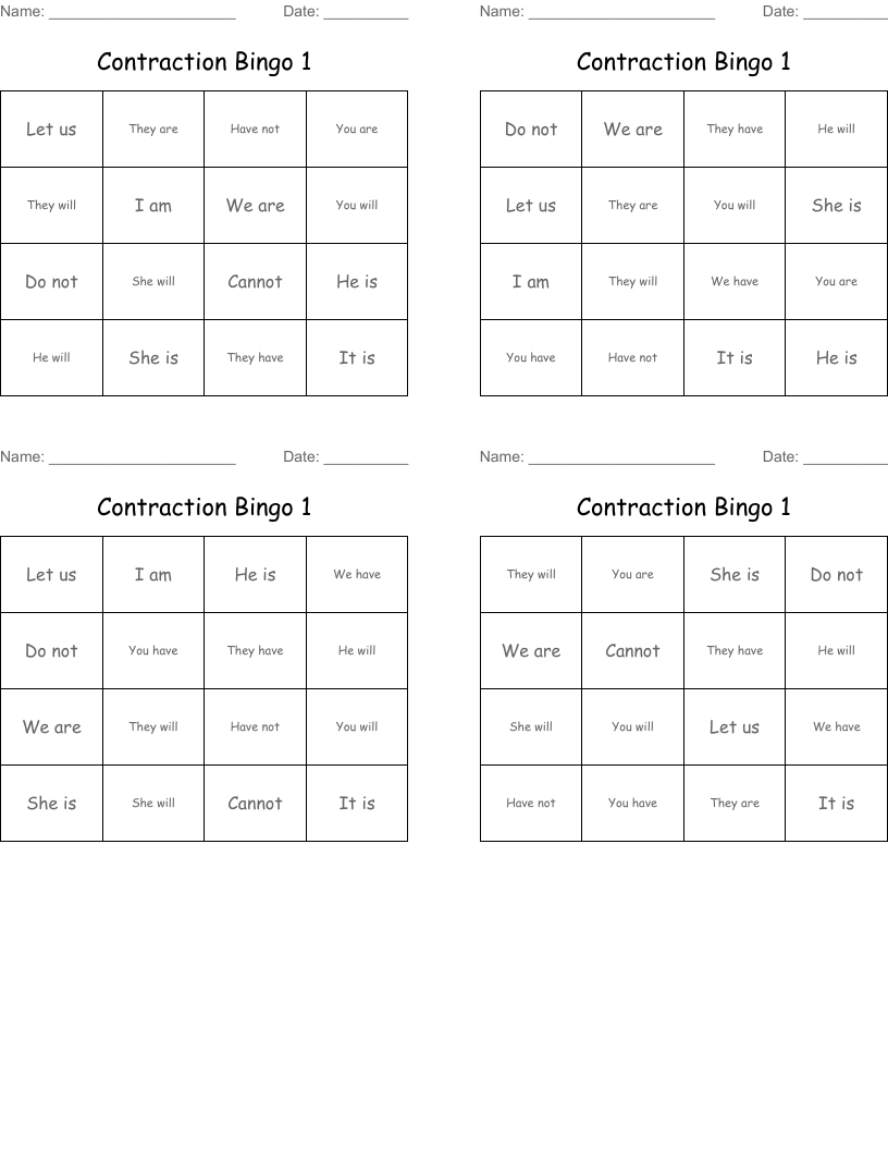 Contraction Bingo 1