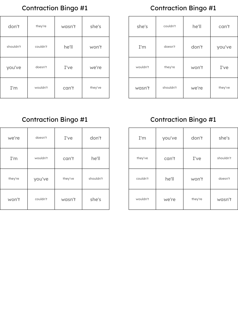 Contraction Bingo #1