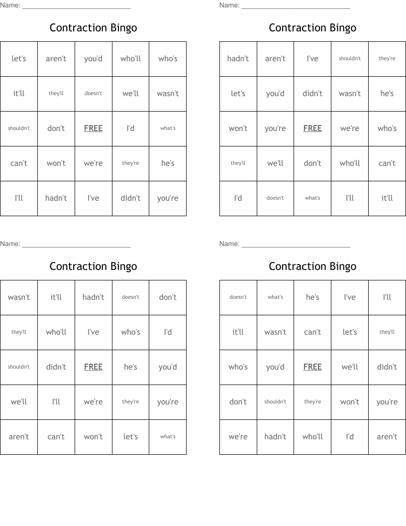Contraction Bingo