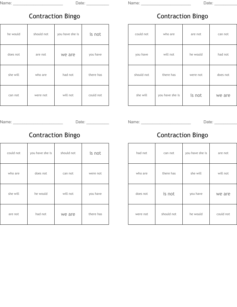 Contraction Bingo