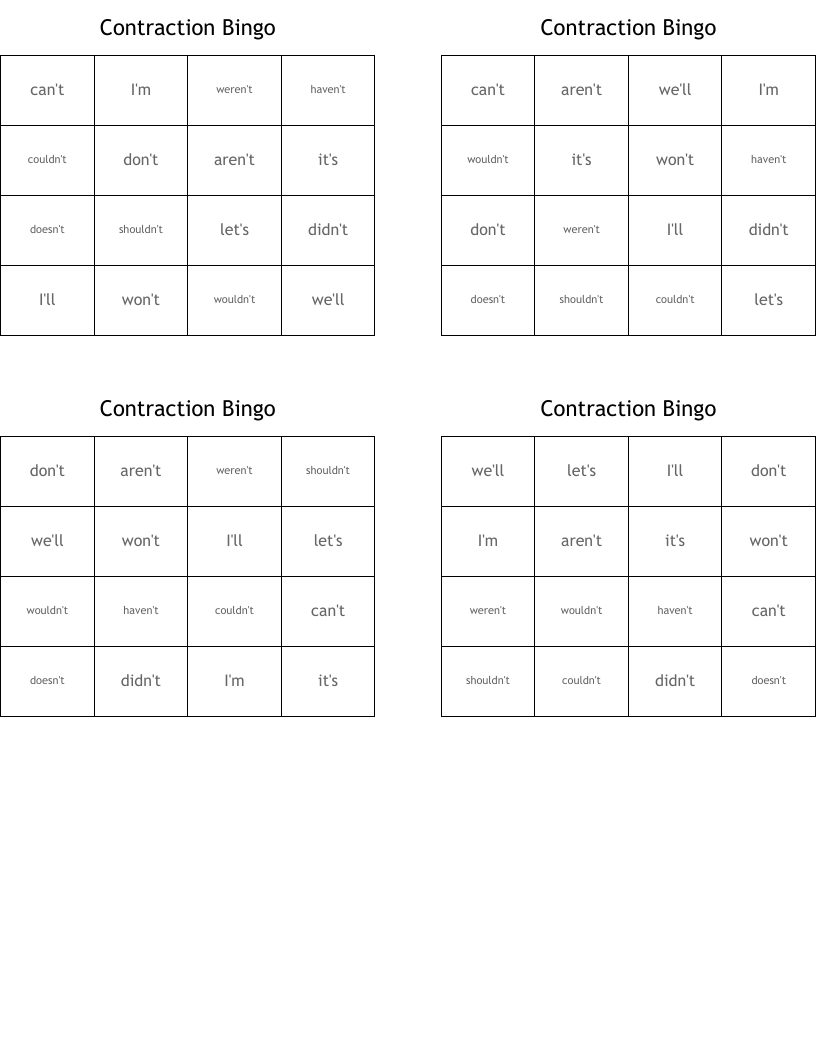 Contraction Bingo