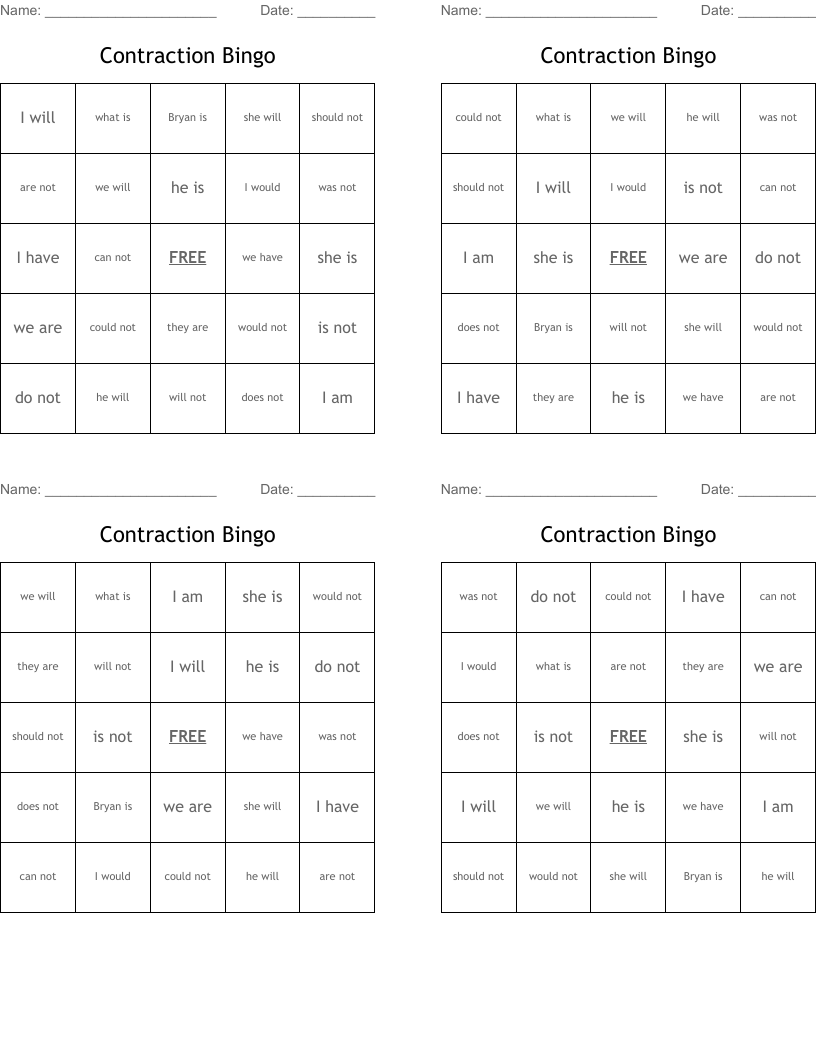 Contraction Bingo