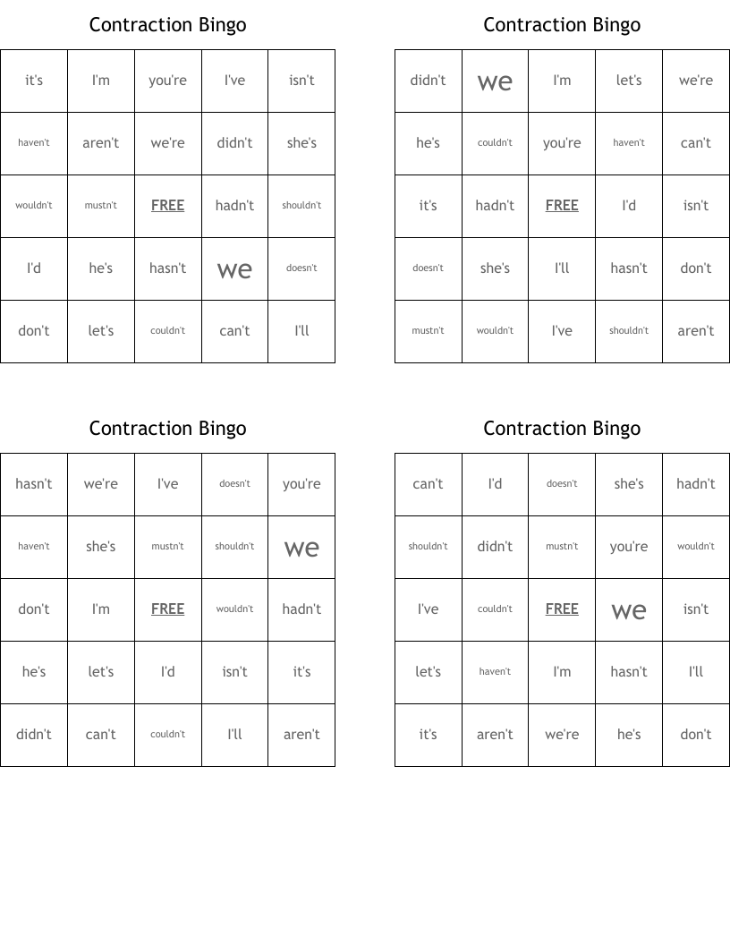 Contraction Bingo