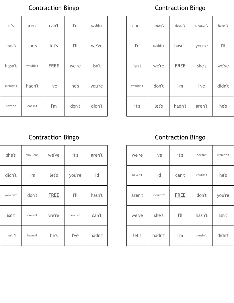 Contraction Bingo