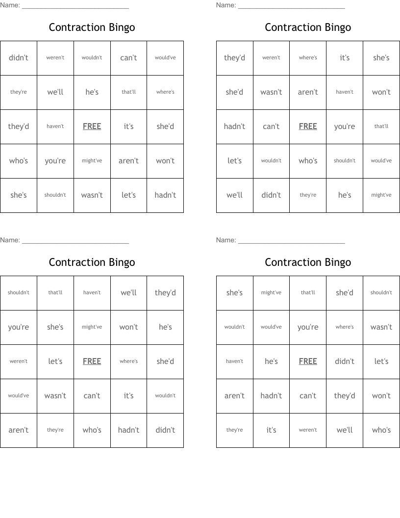 Contraction Bingo