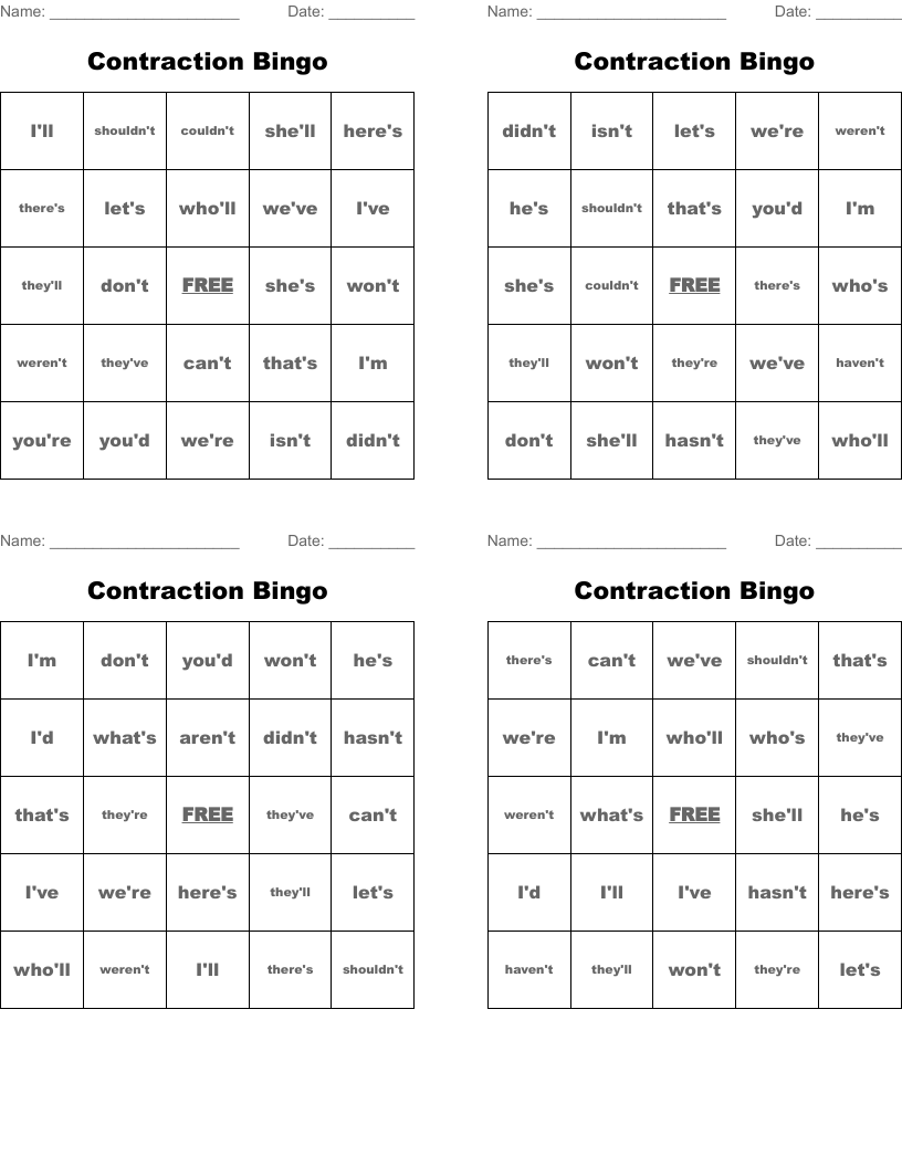 Contraction Bingo