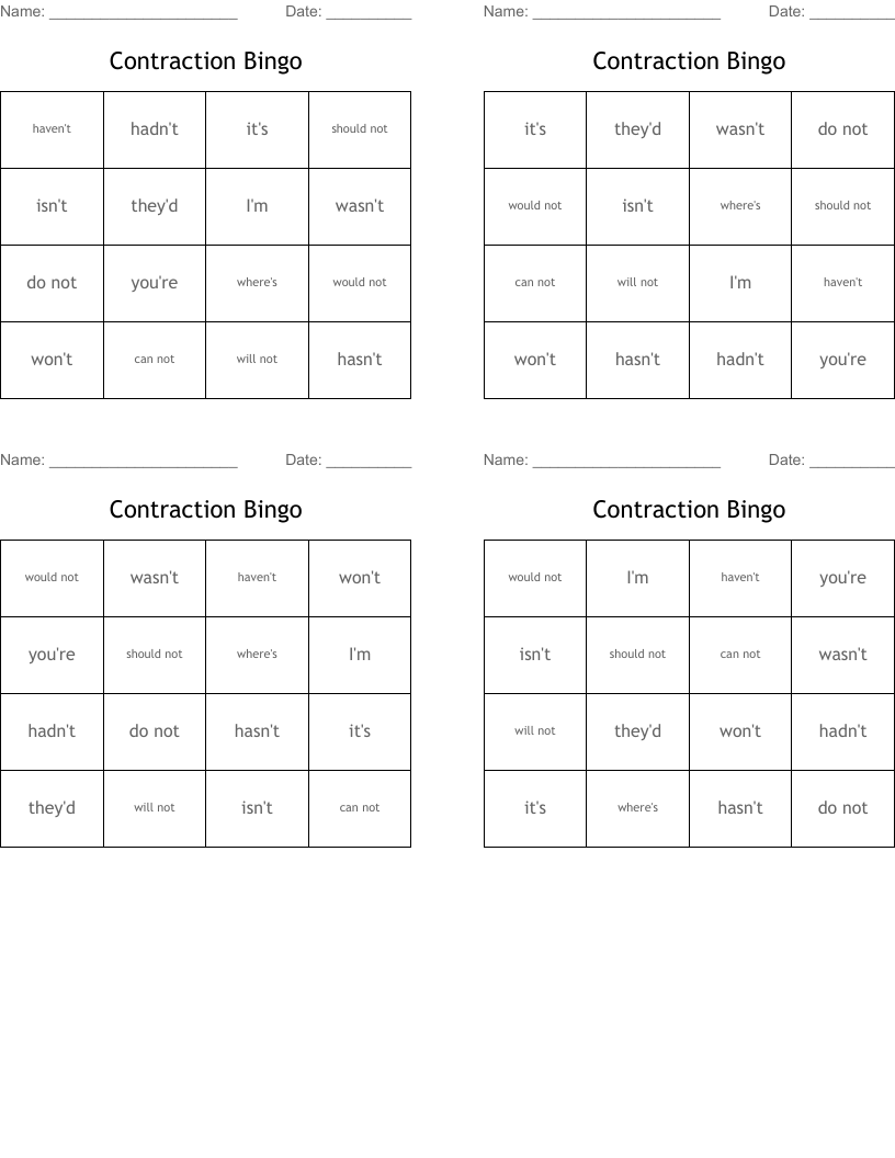 Contraction Bingo 