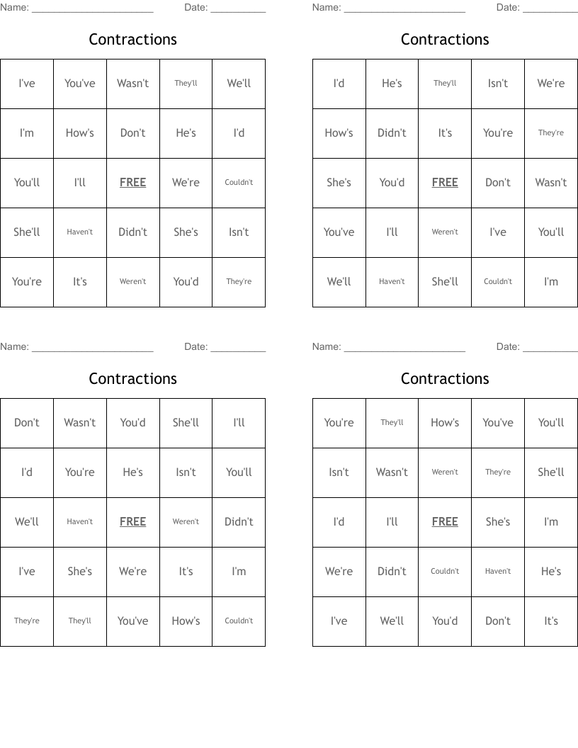 Contractions Bingo Cards