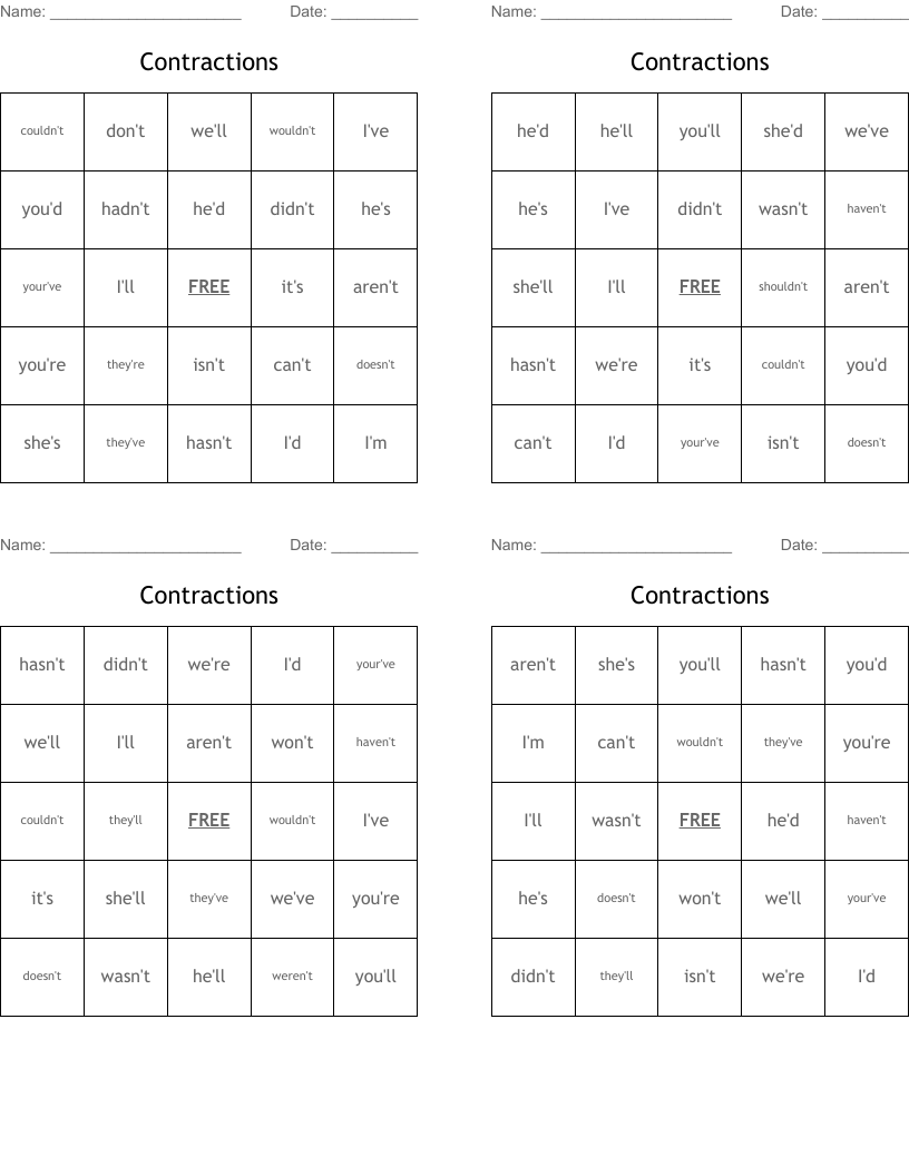 Contractions Bingo Cards