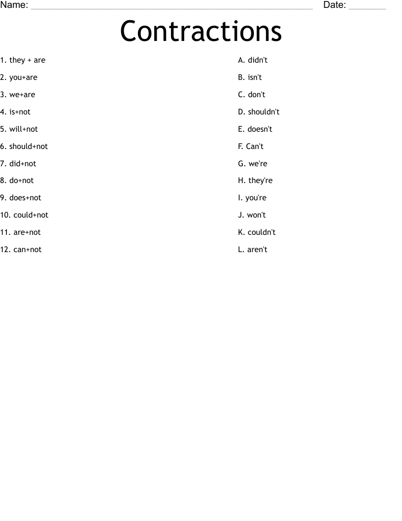Contractions Worksheet