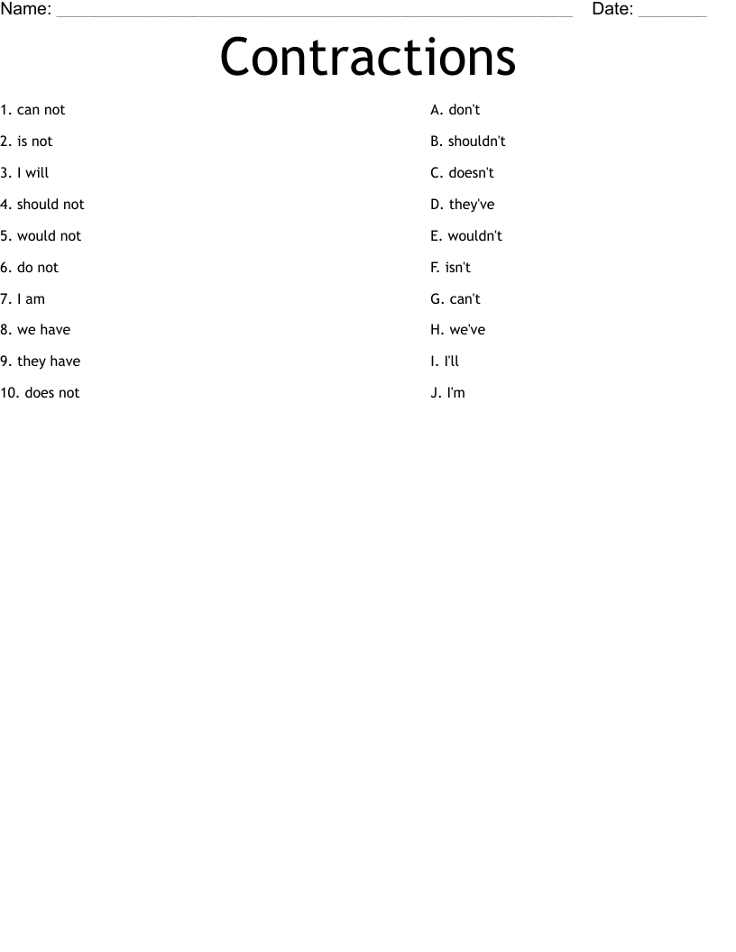 Contractions Worksheet