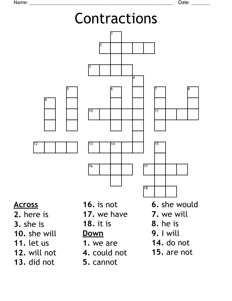 Contractions Crossword