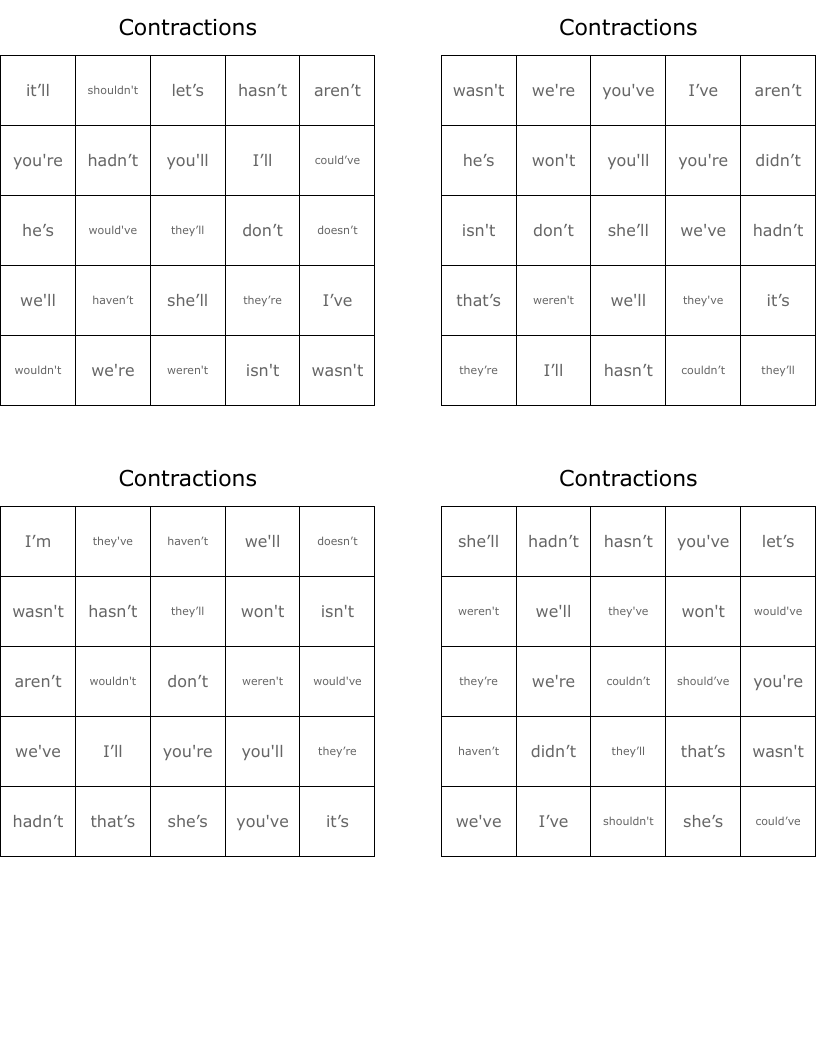 Contractions Bingo Cards