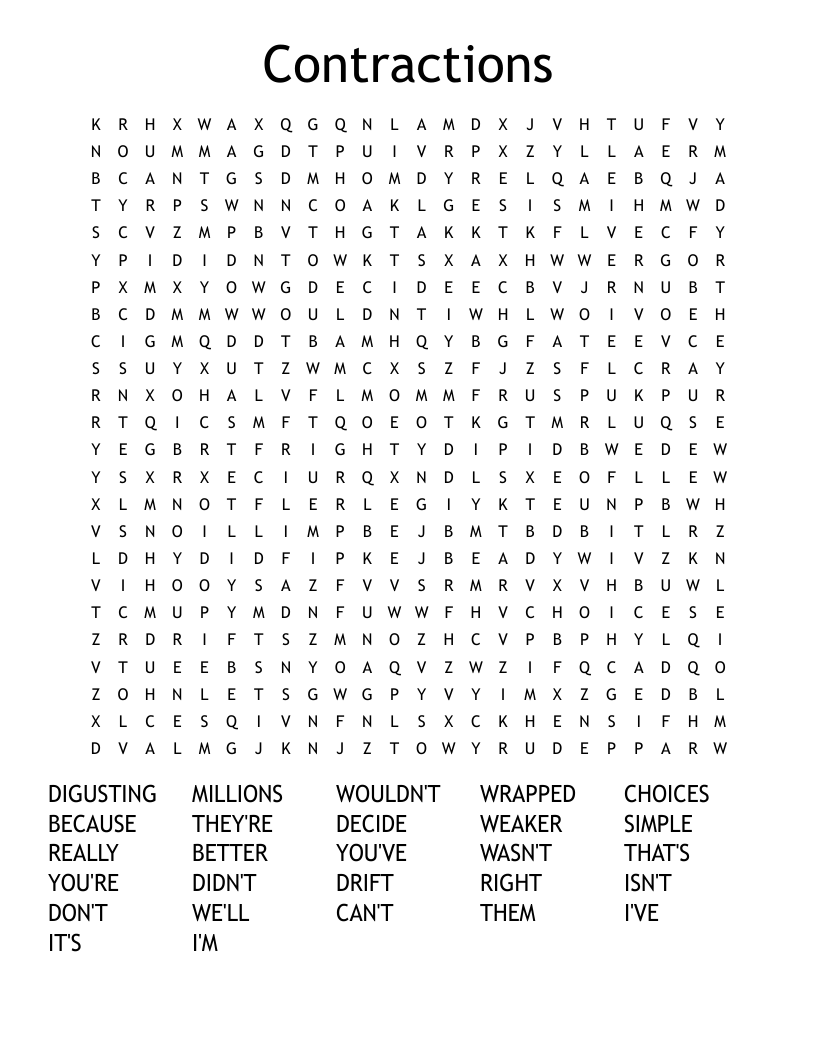 Contractions Word Search