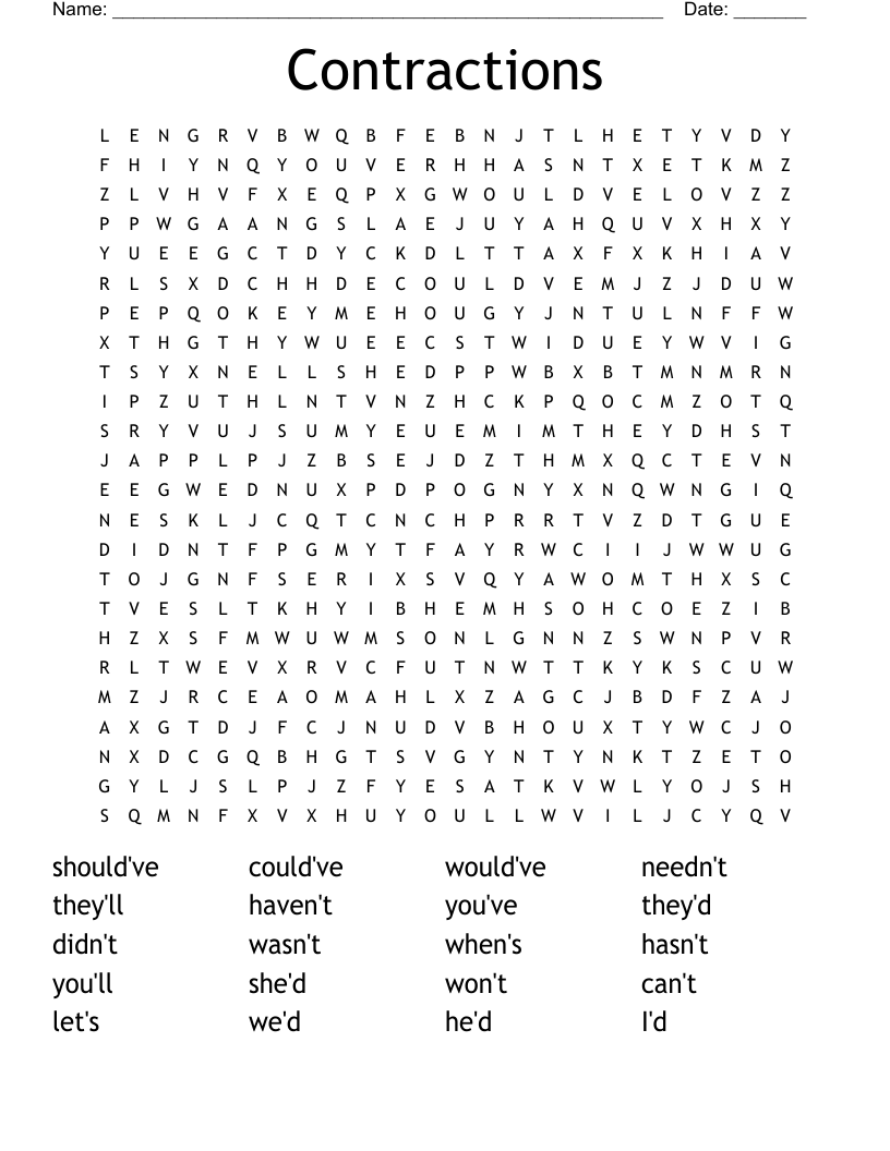 Contractions Word Search