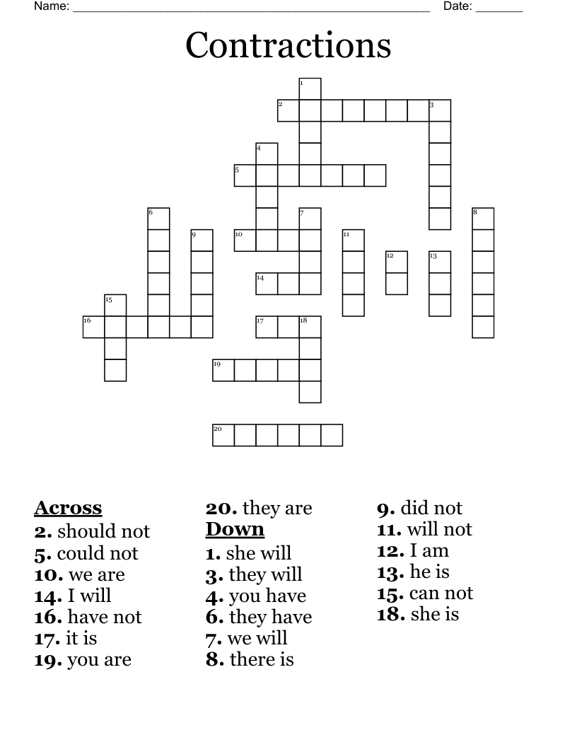 Contractions Crossword